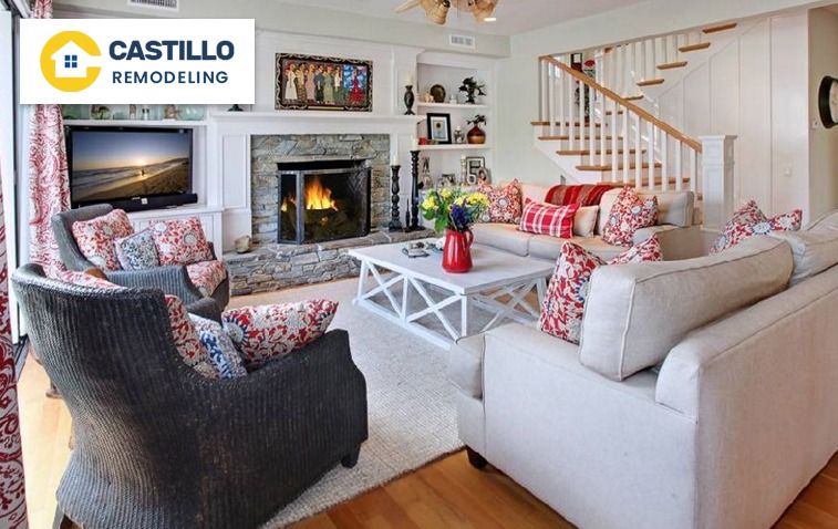 Large living room with a stylish fireplace, and comfortable seating, creating a warm and inviting space.