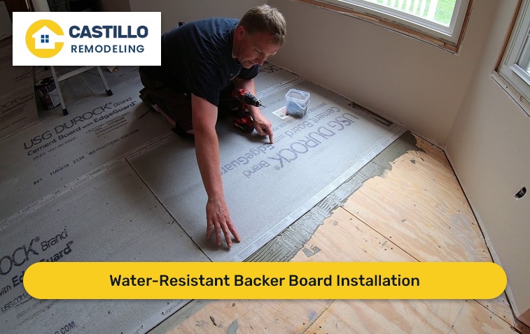 Applying adhesive to water-resistant backer board for tile installation