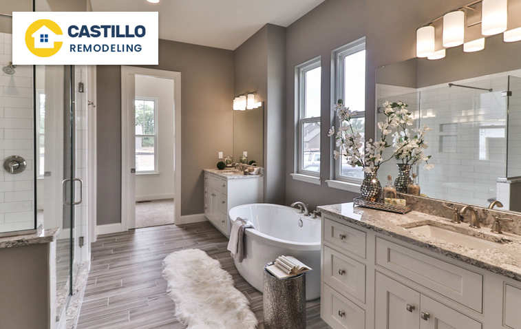 Large format bathroom tiles installed on the floor with modern design