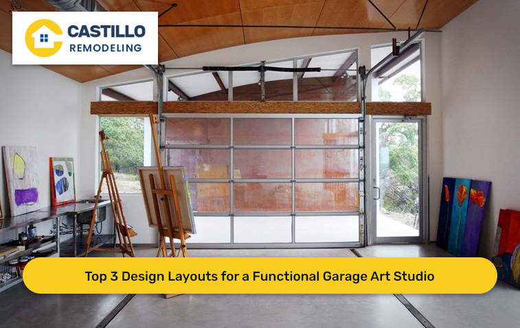 Interior view of a garage art studio with creative workspace